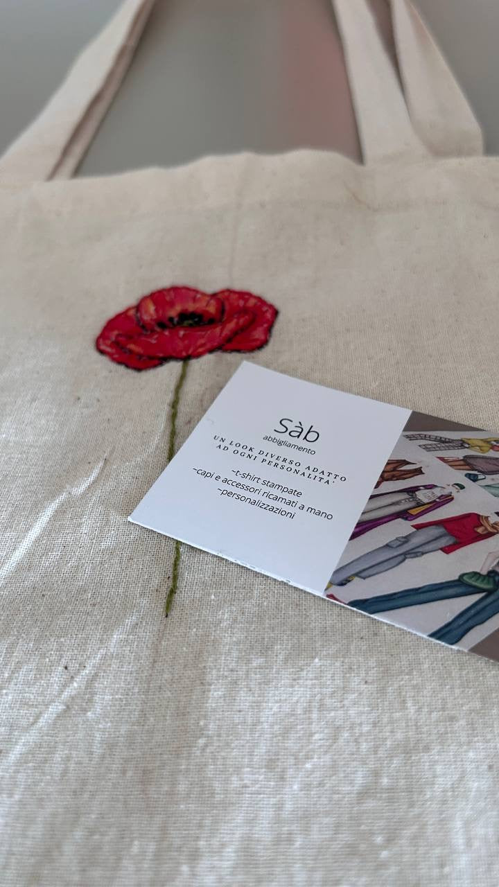Tote Bag "Papavero" – Dipinta e Ricamata a Mano