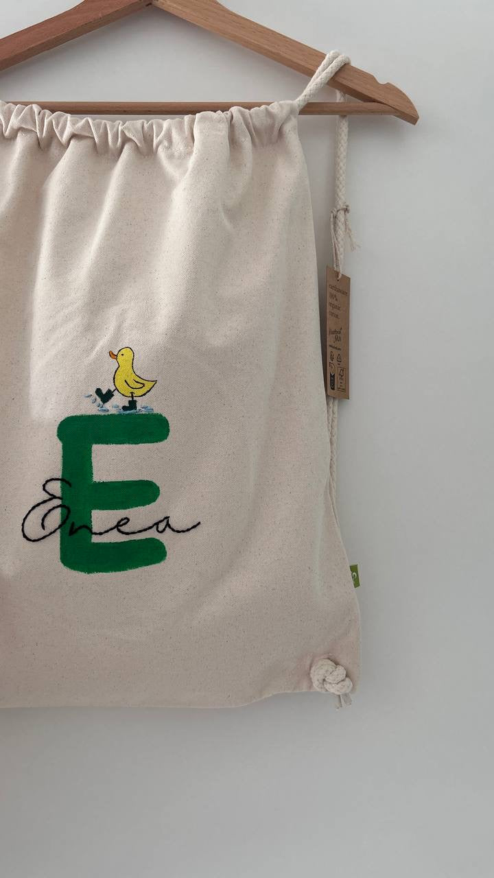 Sacca in Cotone Personalizzata — Lettera + Animale + Nome Ricamato a Mano